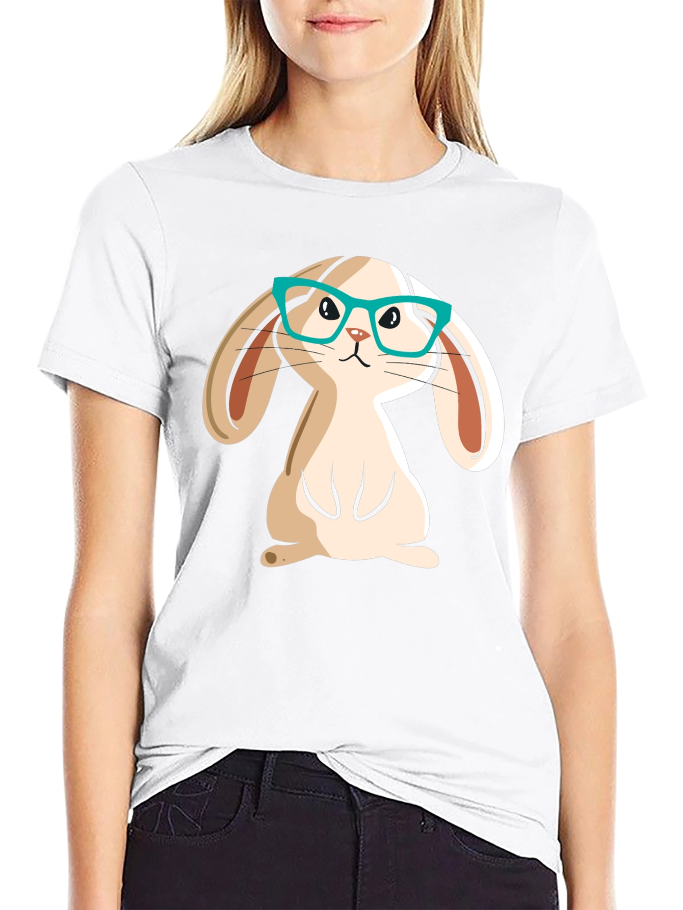 Cute Bunny in Glasses Black Graphic T-Shirt