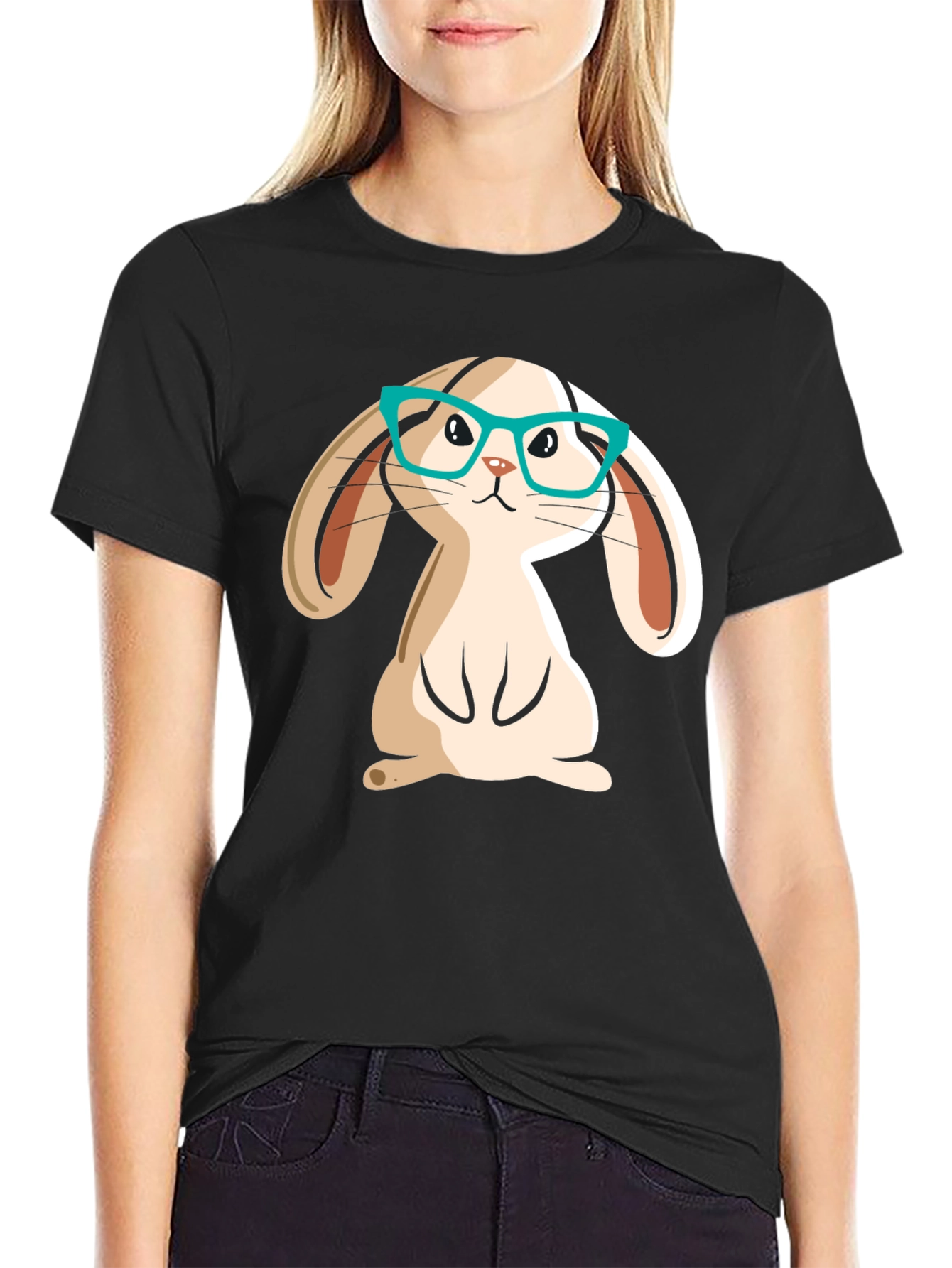 Cute Bunny in Glasses Black Graphic T-Shirt