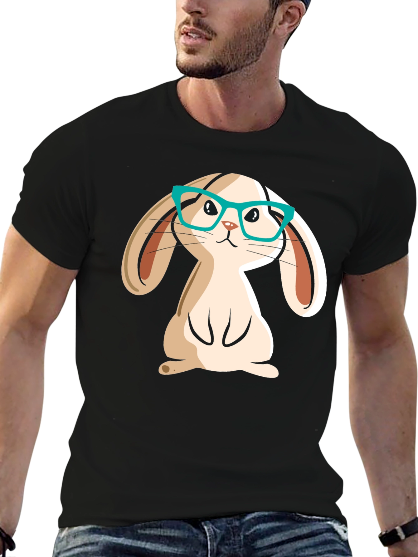 Cute Bunny in Glasses Black Graphic T-Shirt