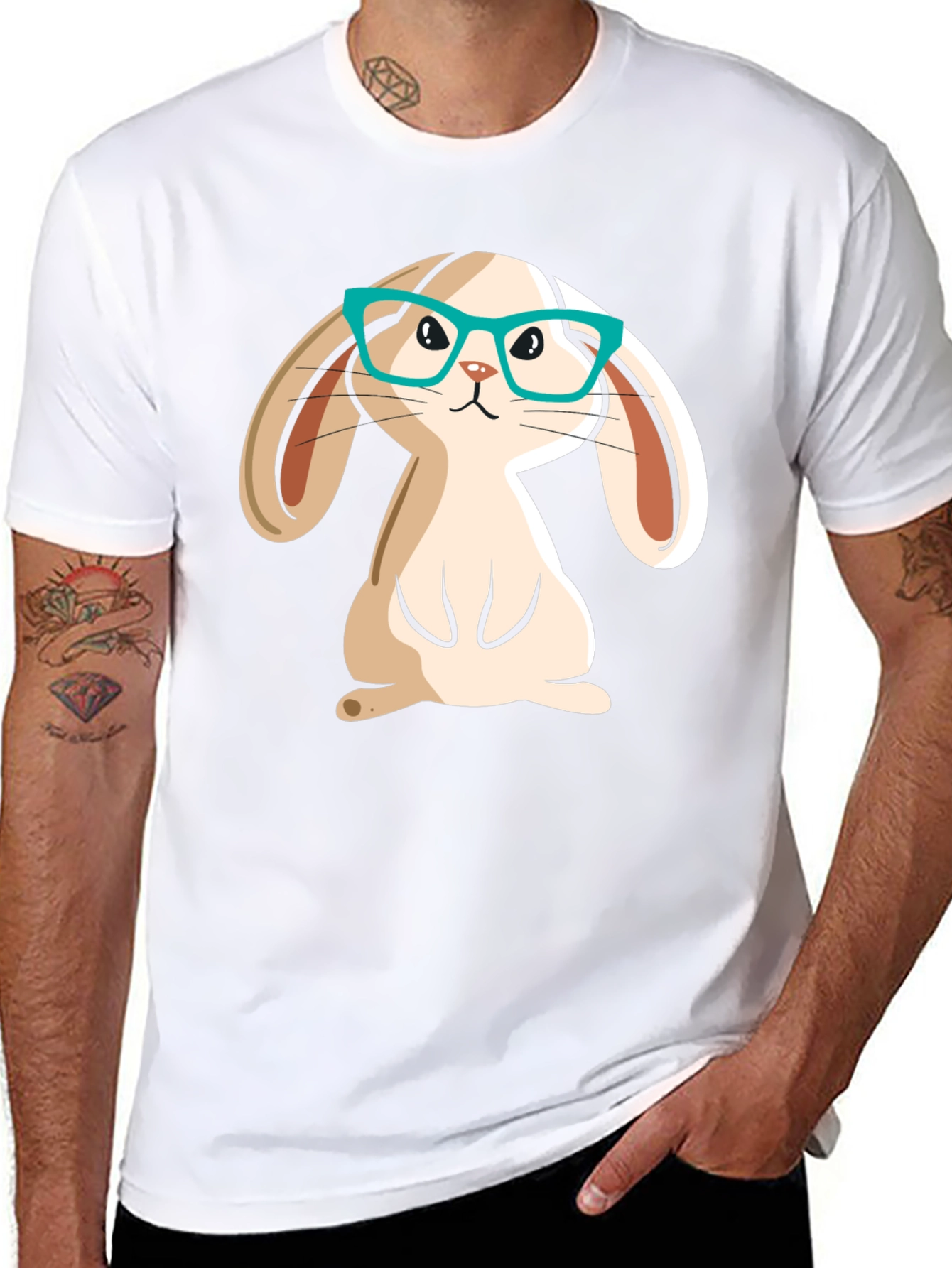 Cute Bunny in Glasses Black Graphic T-Shirt