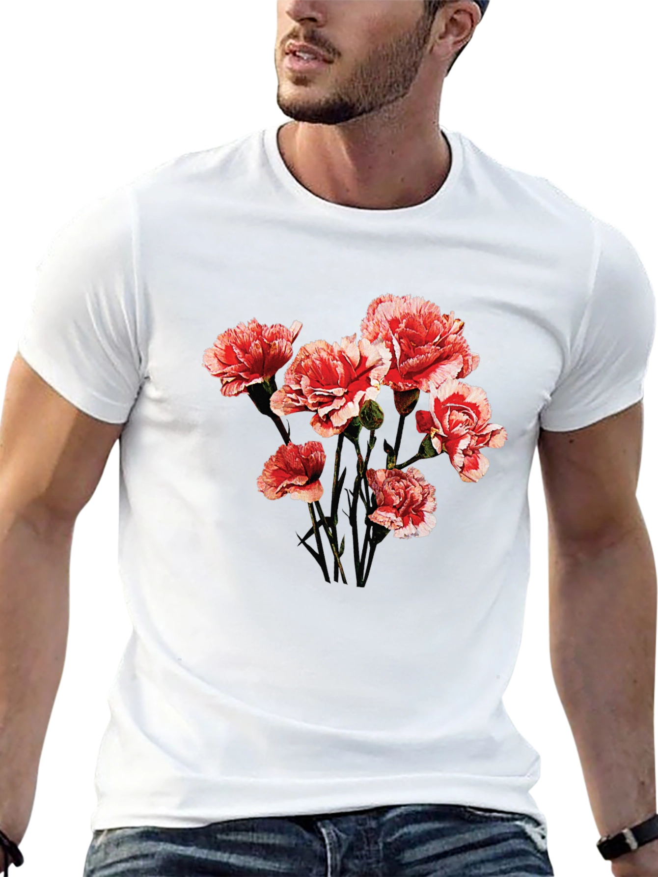 Floral Graphic Tee - Carnation Design Black Cotton