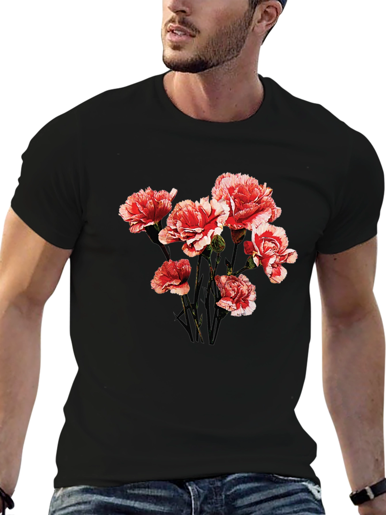 Floral Graphic Tee - Carnation Design Black Cotton