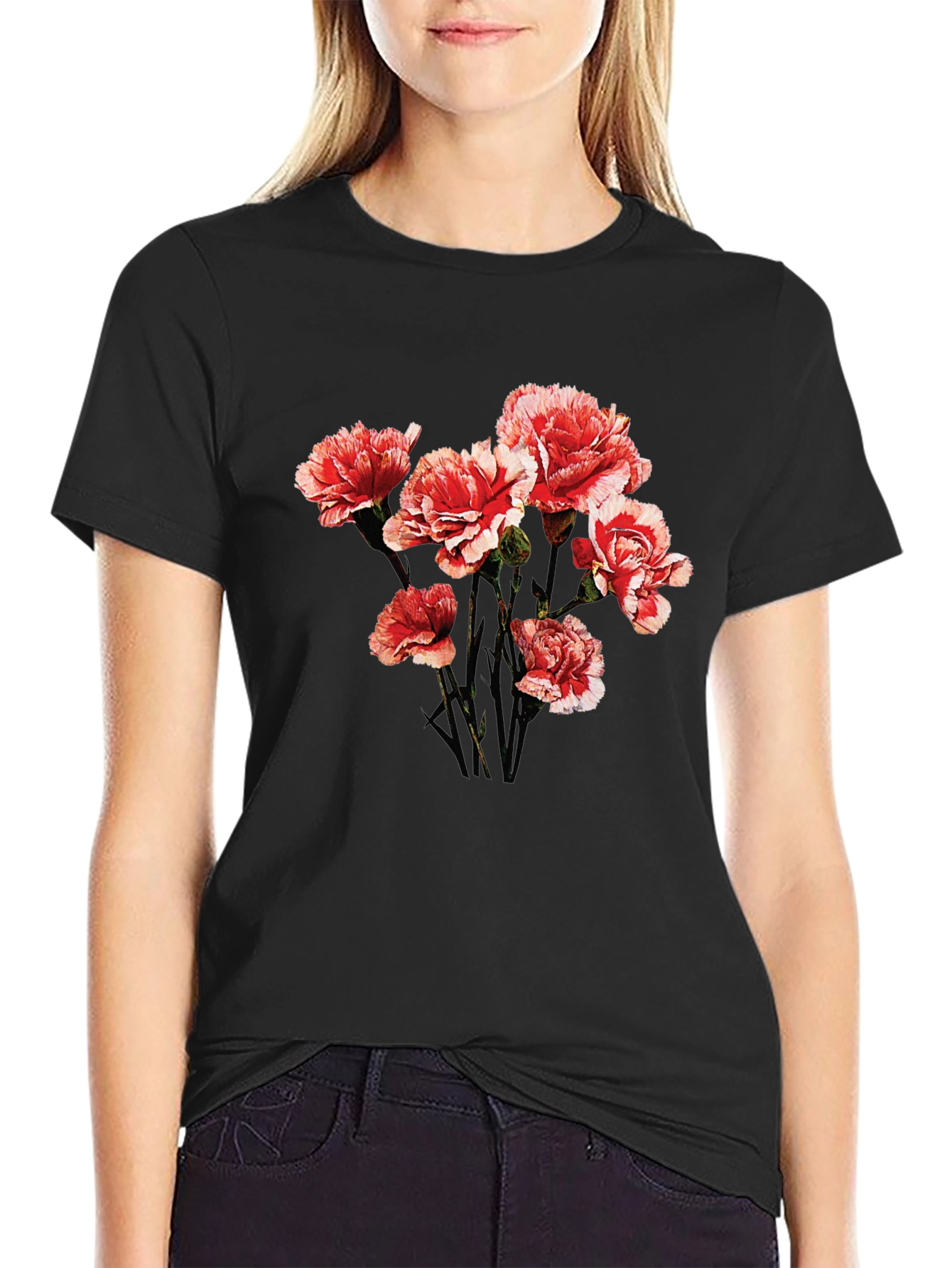 Floral Graphic Tee - Carnation Design Black Cotton