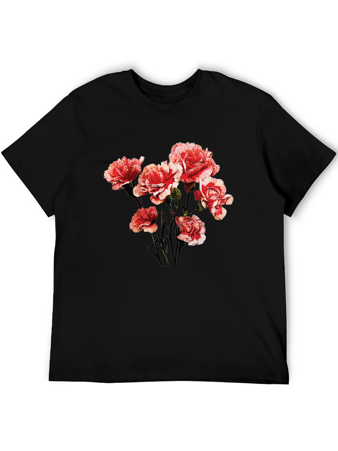 Floral Graphic Tee - Carnation Design Black Cotton