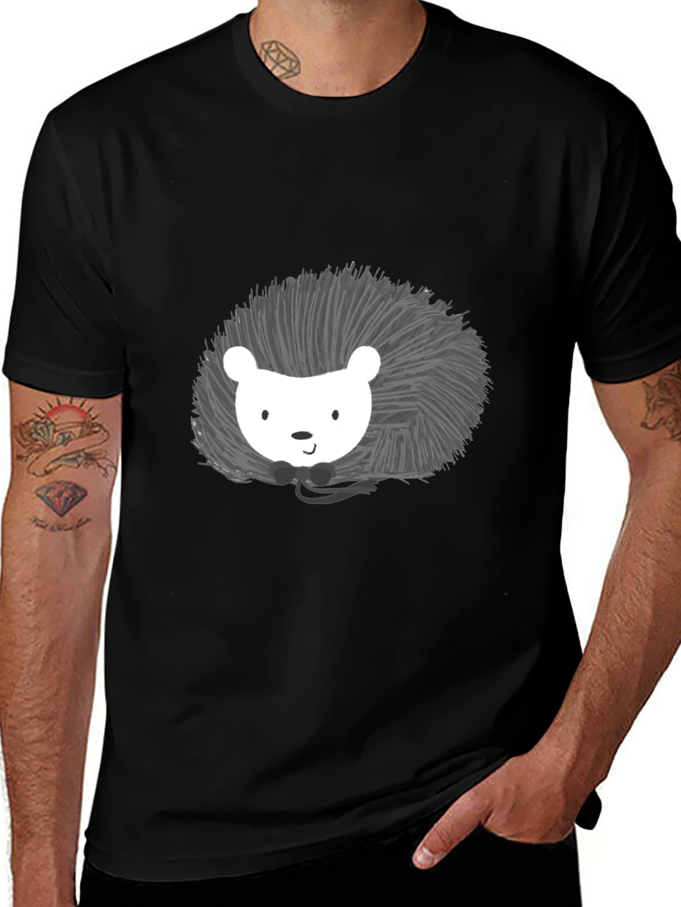 Cute Hedgehog Graphic Print Black T-Shirt