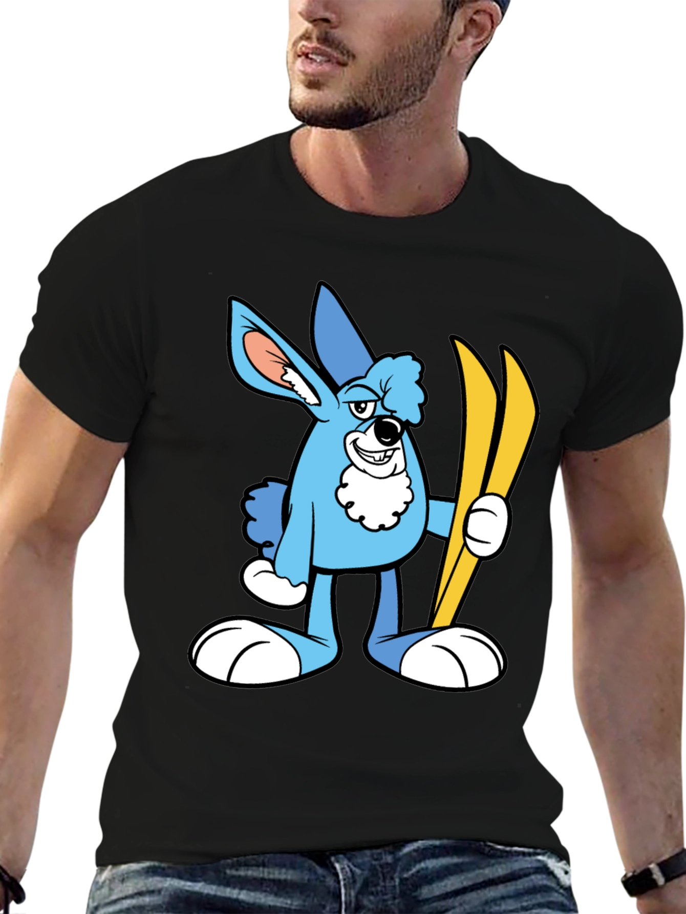 Cartoon Ski Bunny Black T-Shirt