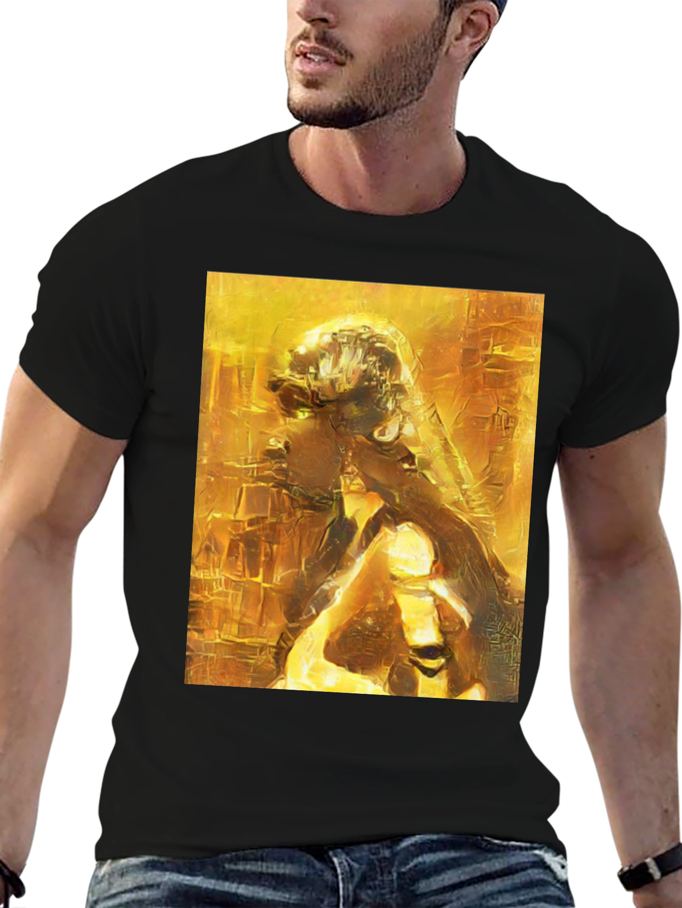 Golden Abstract Art Black T-Shirt
