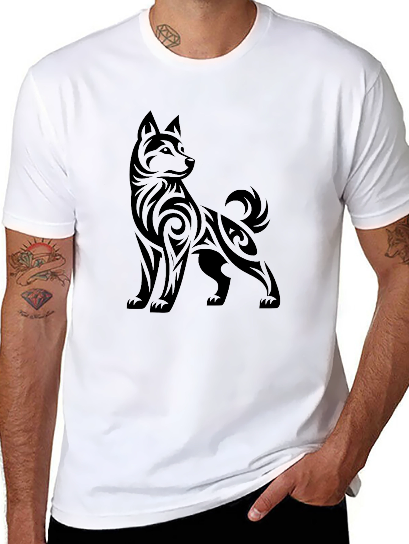 Tribal Dog Graphic Tee - Stylish Black T-Shirt