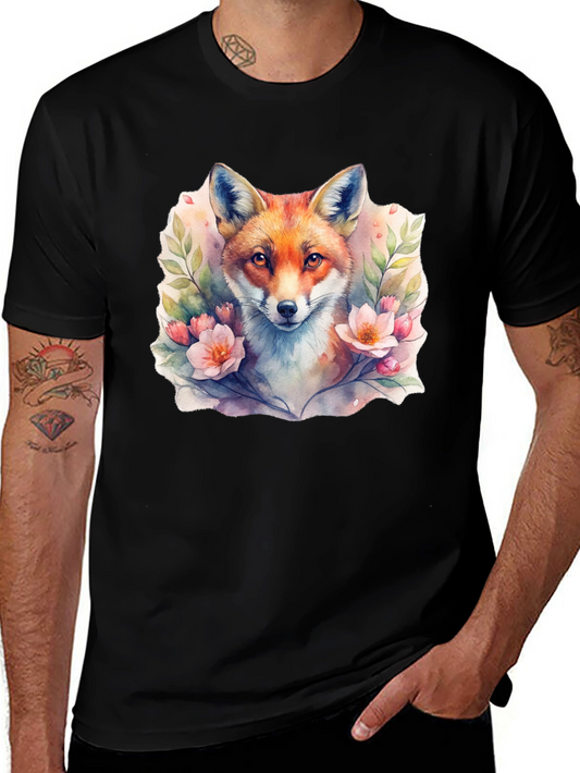 Fox Floral Watercolor Graphic Tee - Unisex Black T-Shirt