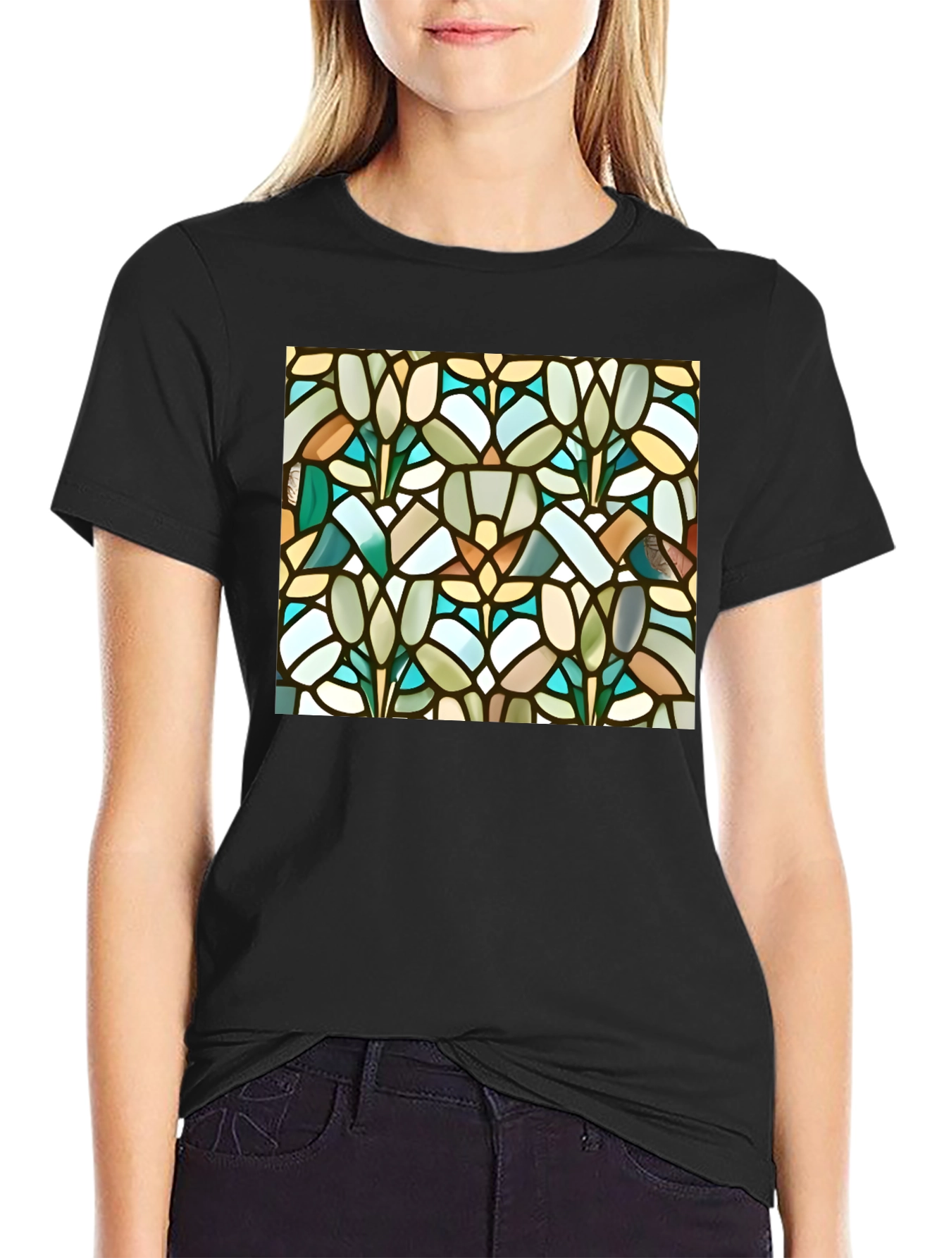 Stained Glass Floral Pattern Black Tee