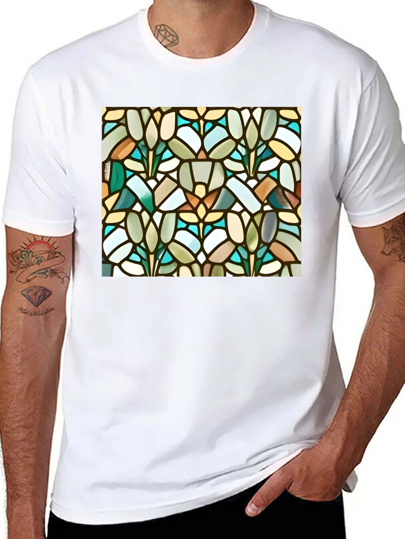 Stained Glass Floral Pattern Black Tee