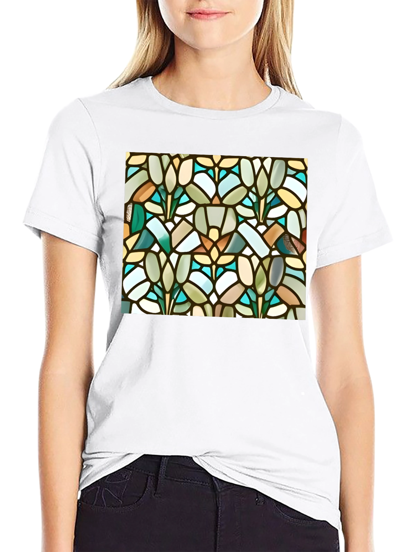 Stained Glass Floral Pattern Black Tee