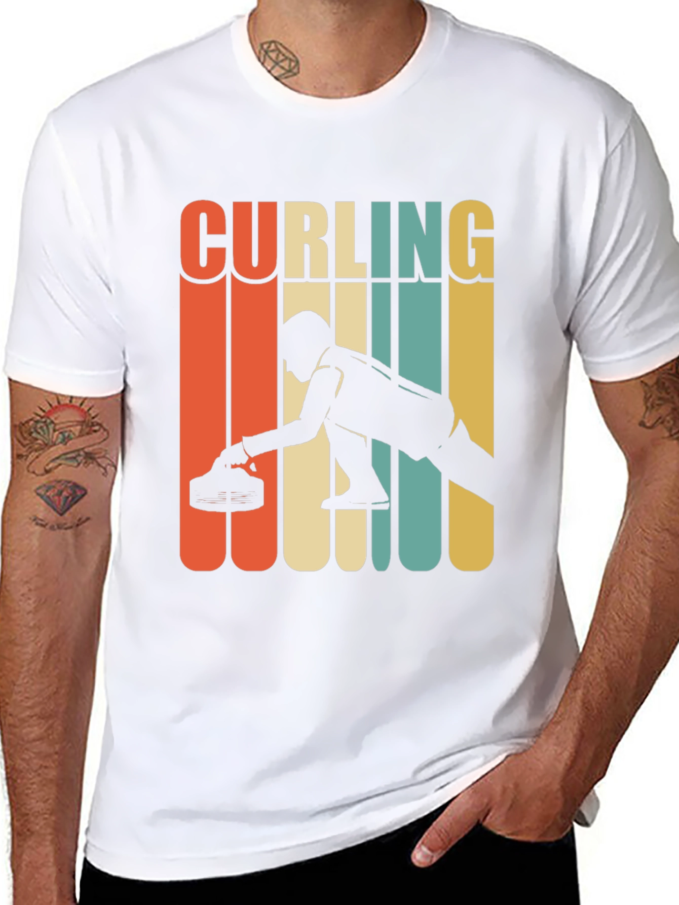 Curling Retro Style Graphic T-Shirt - Black