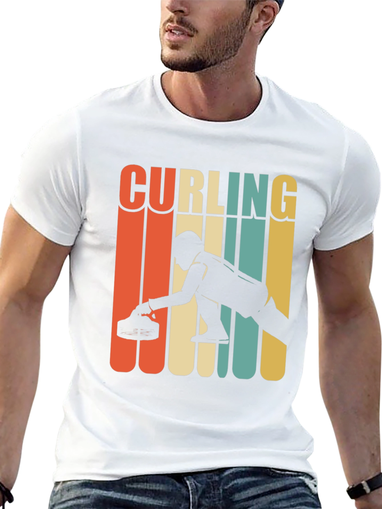 Curling Retro Style Graphic T-Shirt - Black