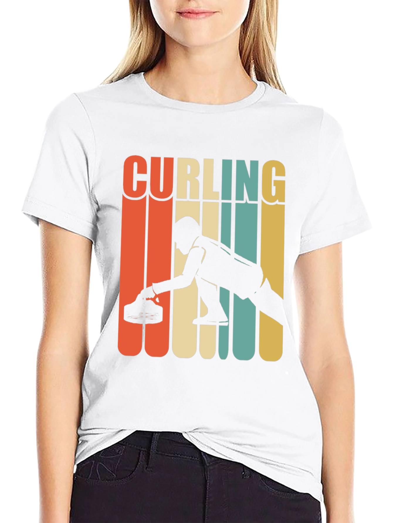 Curling Retro Style Graphic T-Shirt - Black