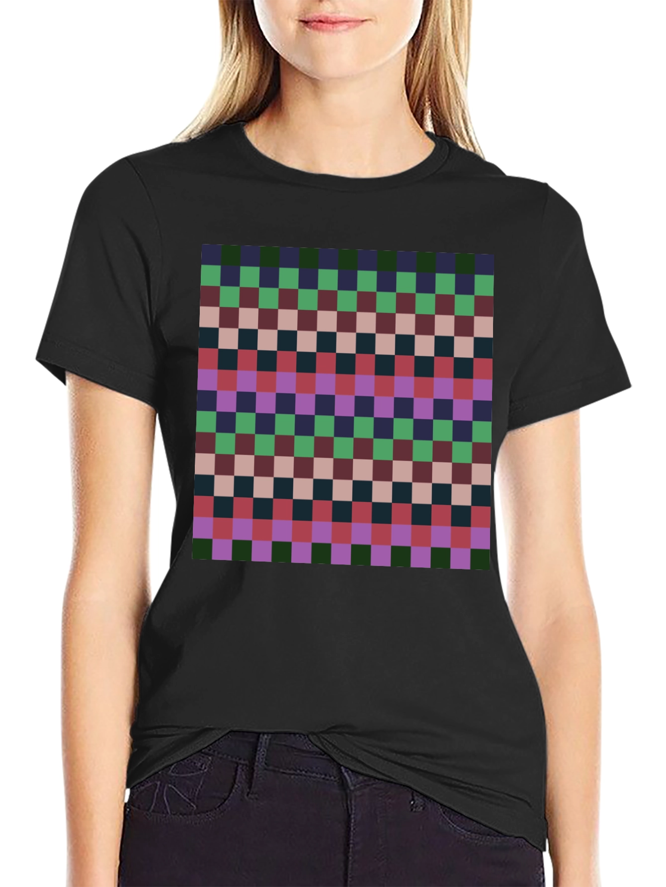 Retro Checkered Pattern Tee - Casual Style