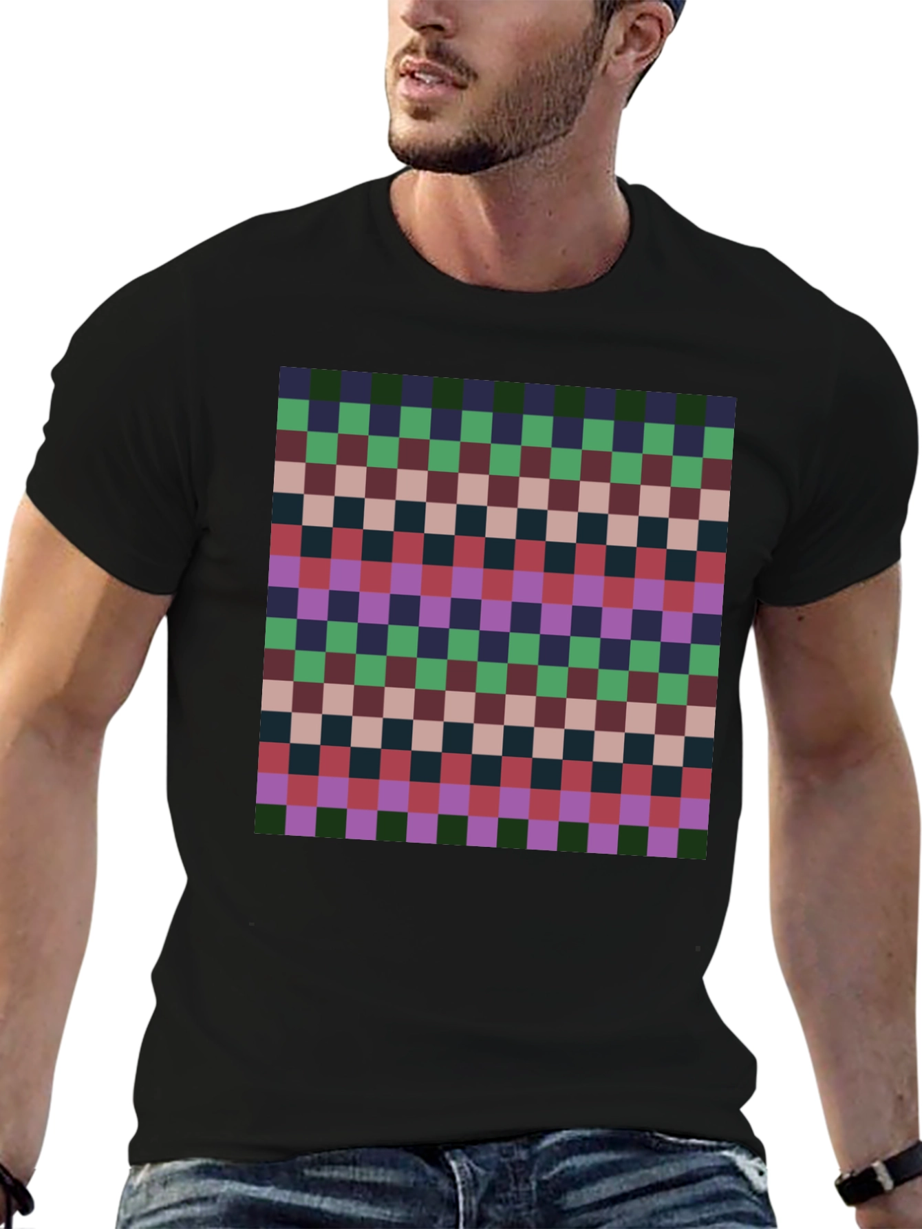 Retro Checkered Pattern Tee - Casual Style