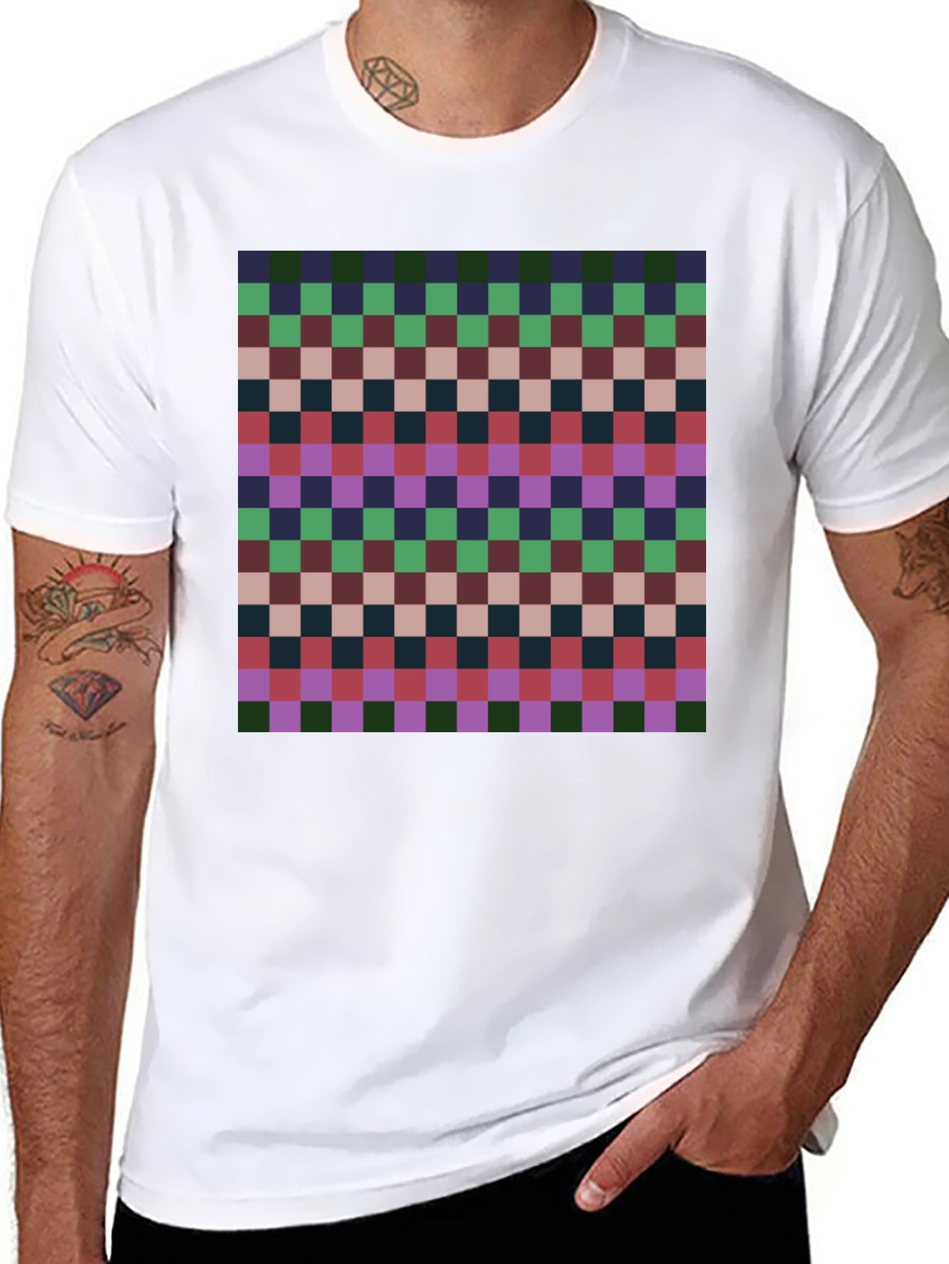 Retro Checkered Pattern Tee - Casual Style
