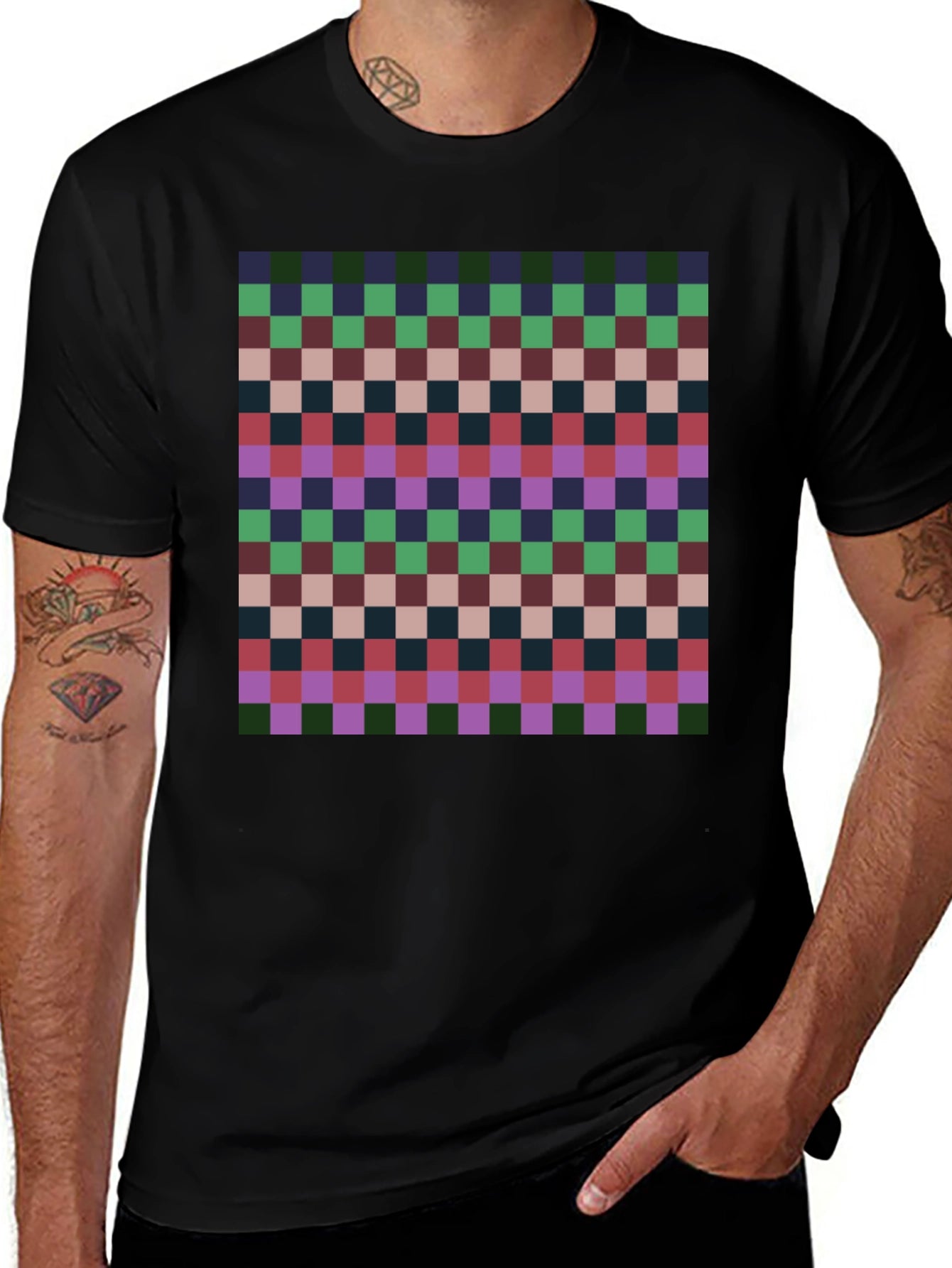 Retro Checkered Pattern Tee - Casual Style