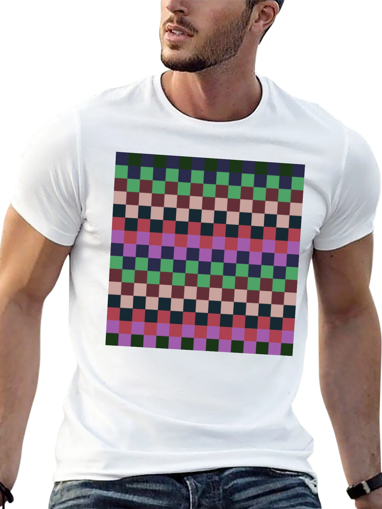 Retro Checkered Pattern Tee - Casual Style