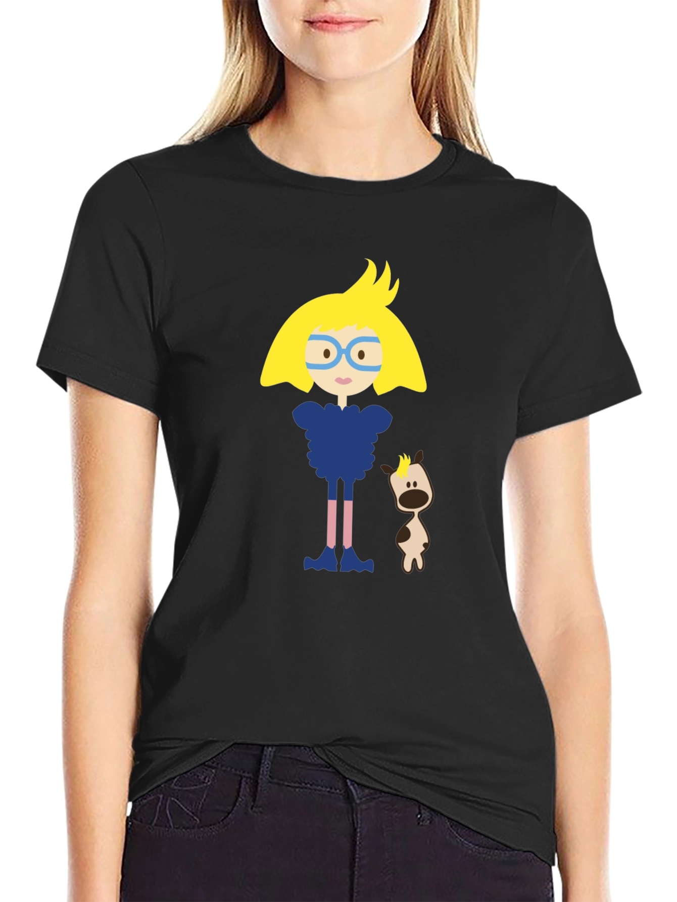 Cartoon Character Black Cotton T-Shirt