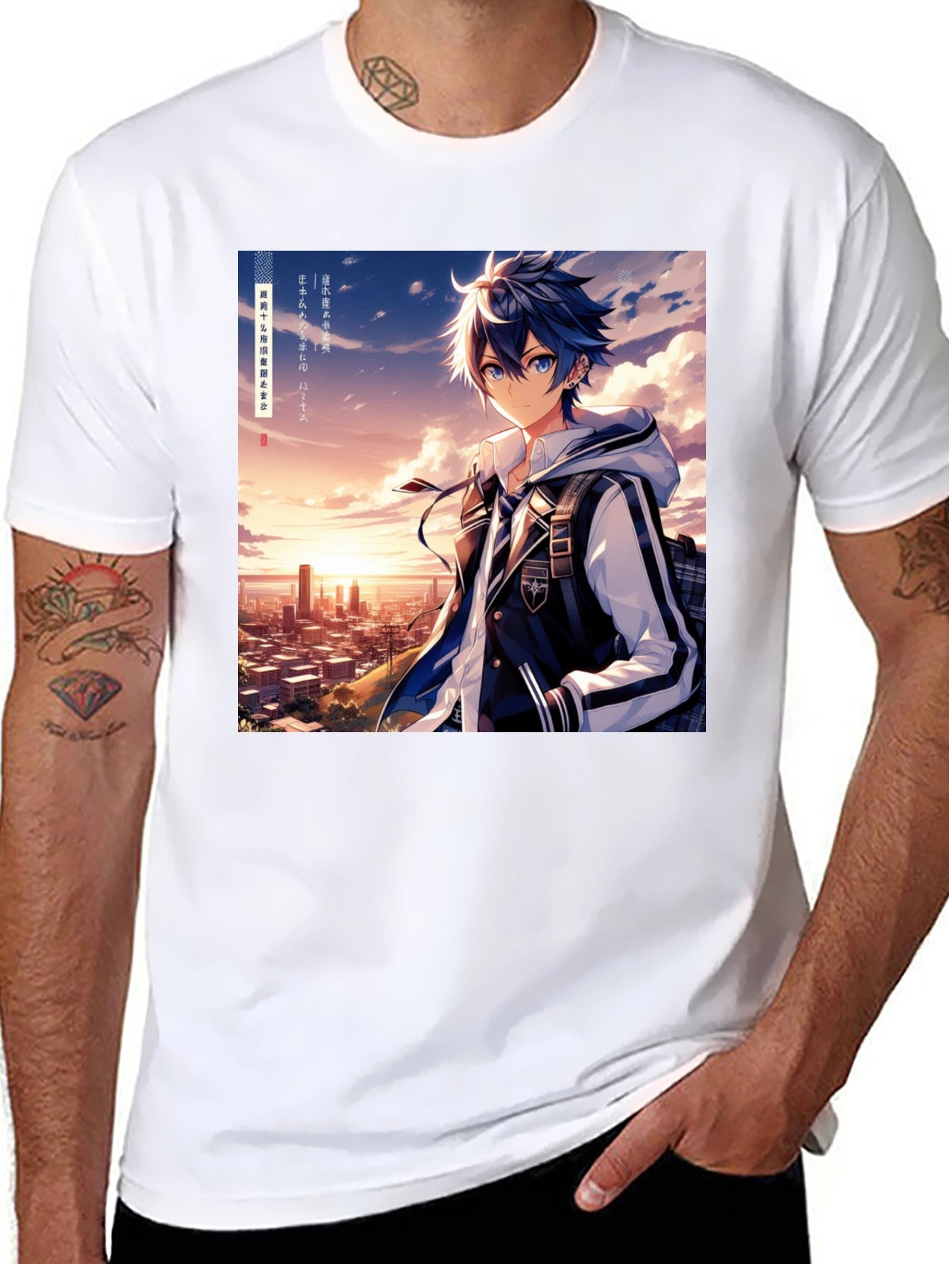 Anime Style Graphic Tee - Cityscape Anime Boy