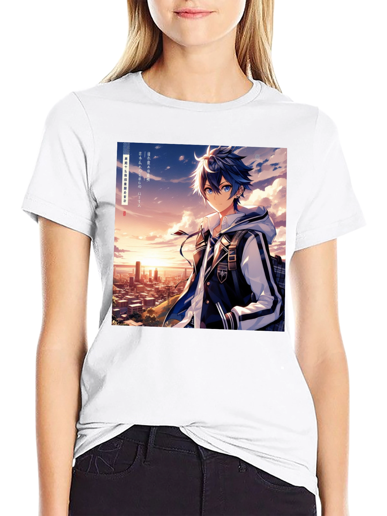 Anime Style Graphic Tee - Cityscape Anime Boy