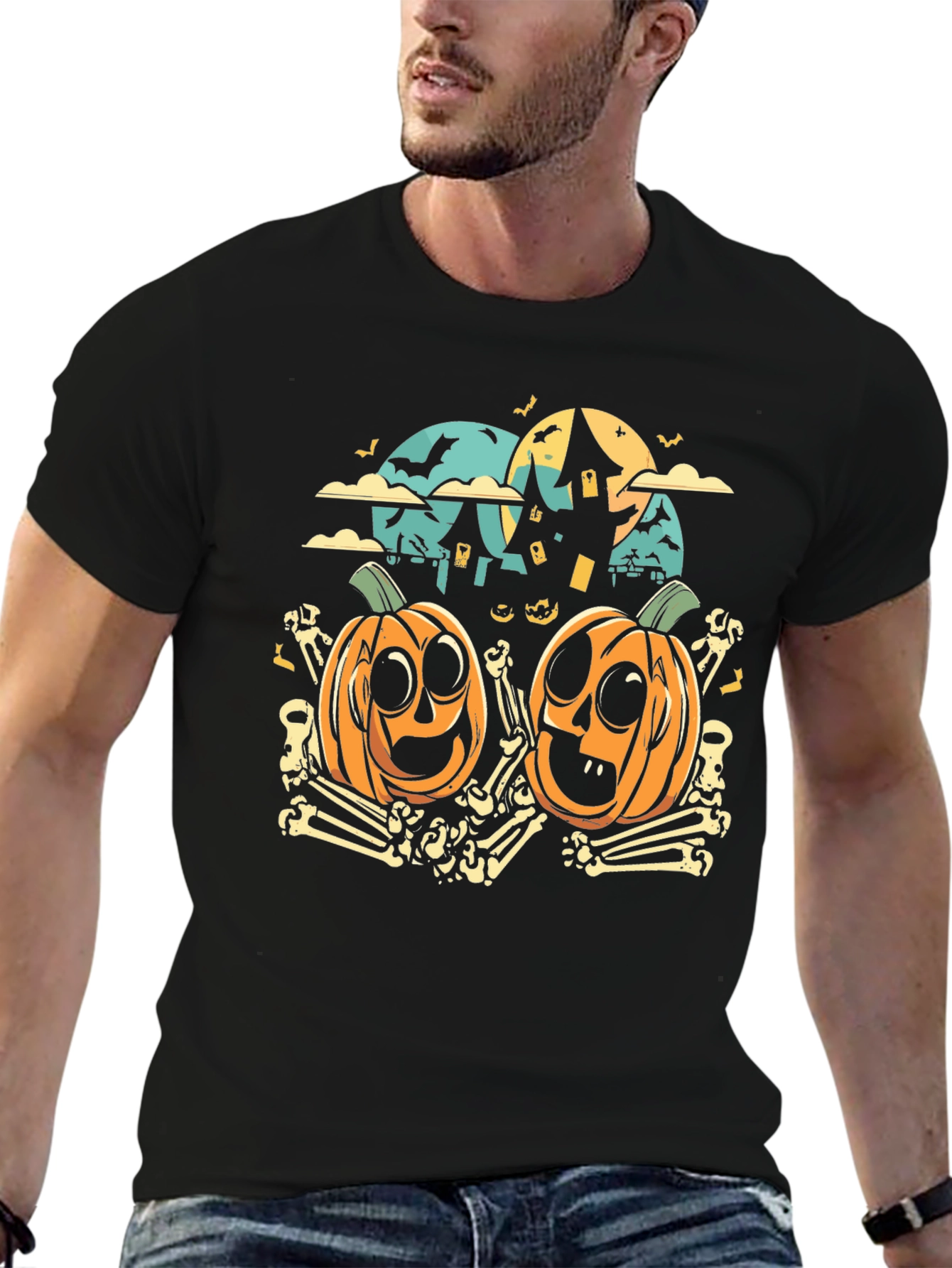 Halloween Pumpkin & Bones Graphic Tee - Black