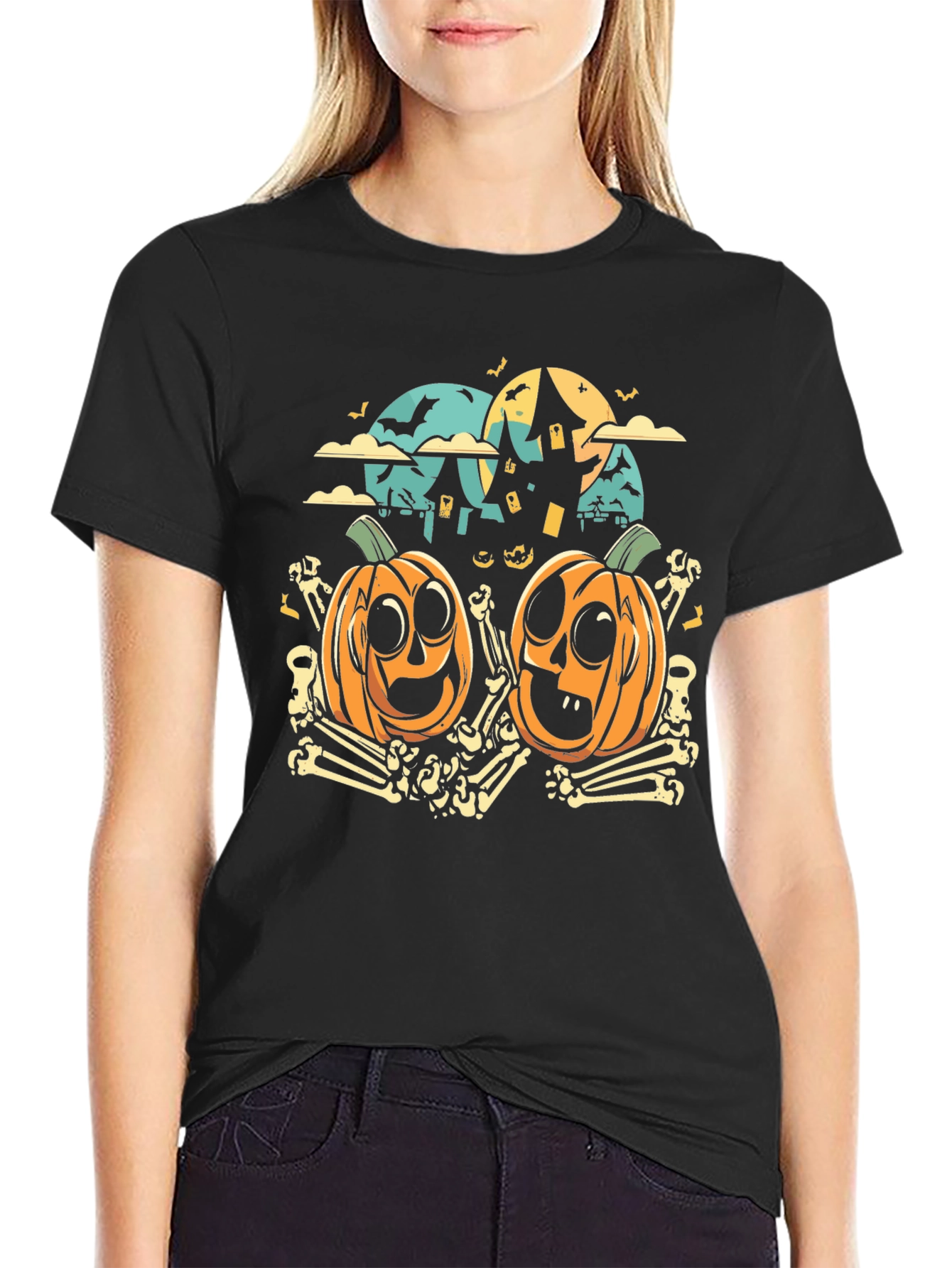 Halloween Pumpkin & Bones Graphic Tee - Black