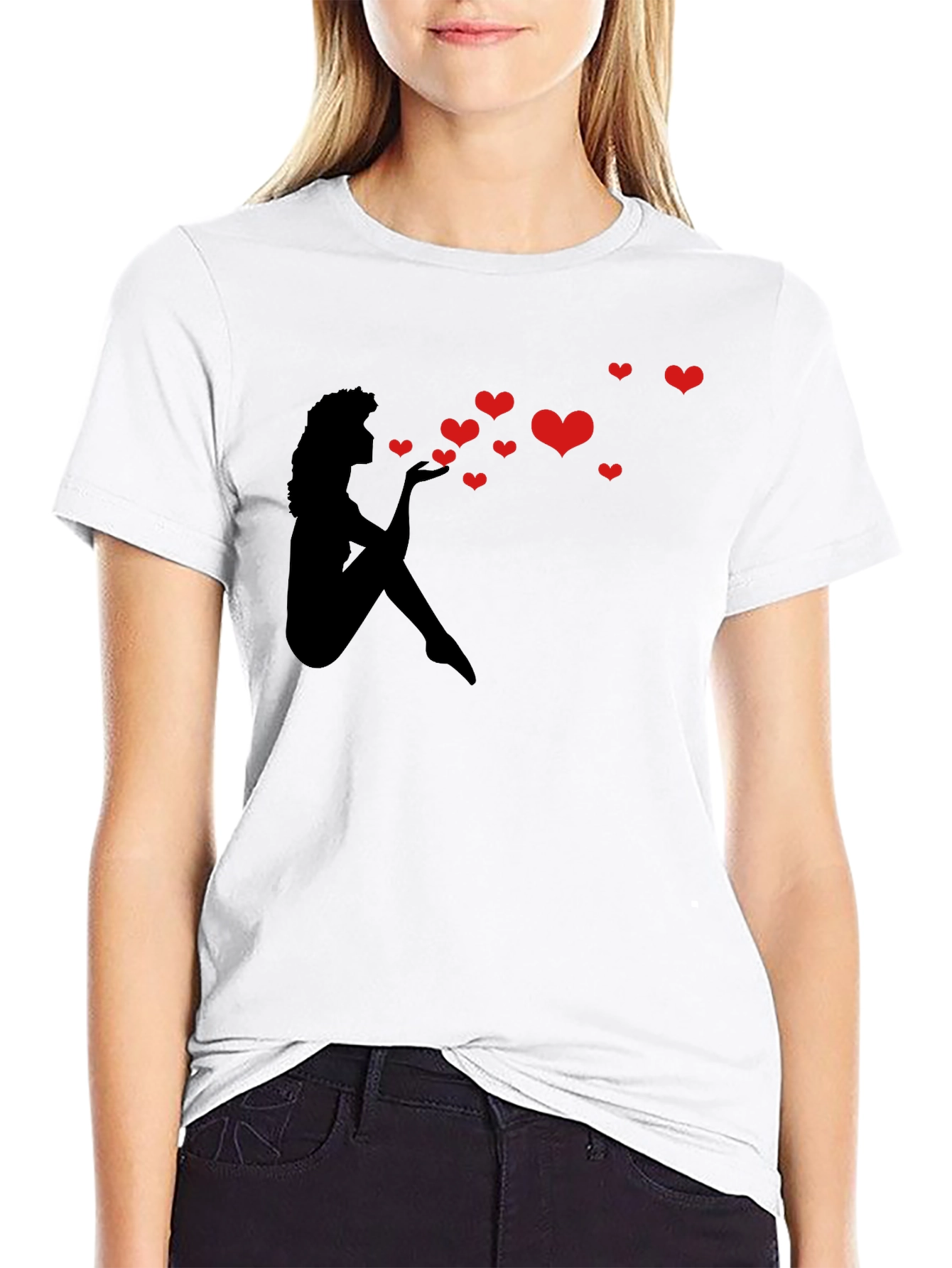 Heart Kiss Graphic Tee - Black Crew Neck T-Shirt