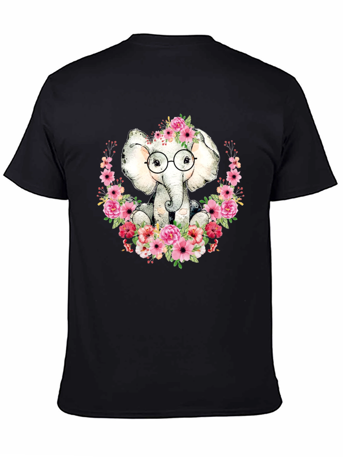 Elephant with Flowers T-Shirt - Black