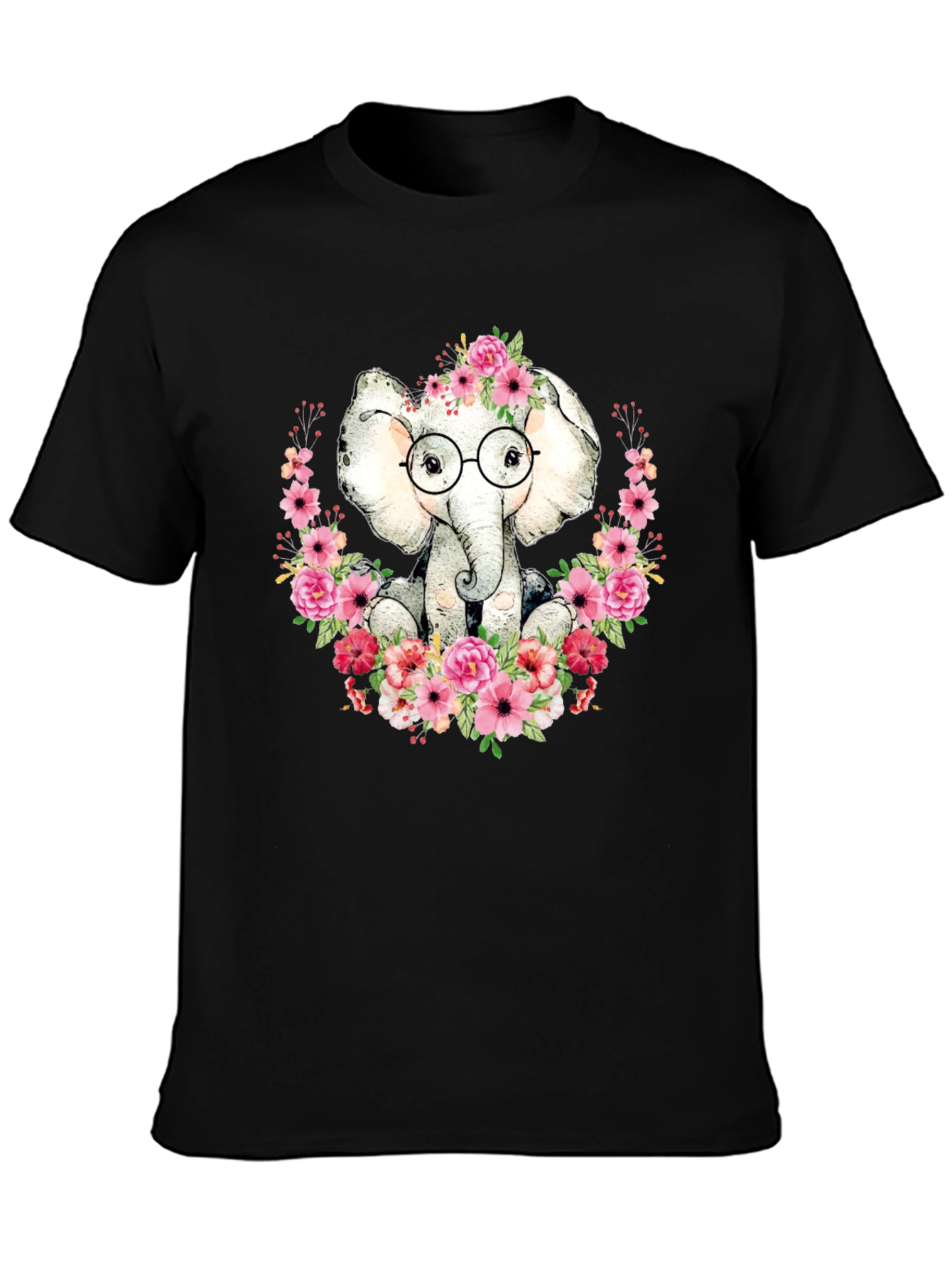 Elephant with Flowers T-Shirt - Black