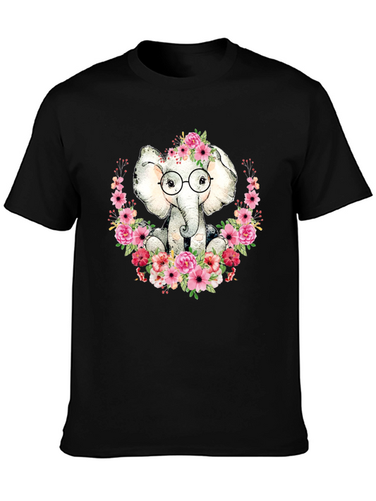 Elephant with Flowers T-Shirt - Black
