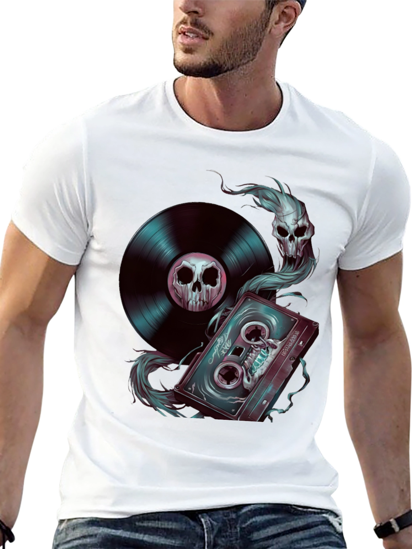 Skull Music T-Shirt: Vinyl & Cassette Tape Design