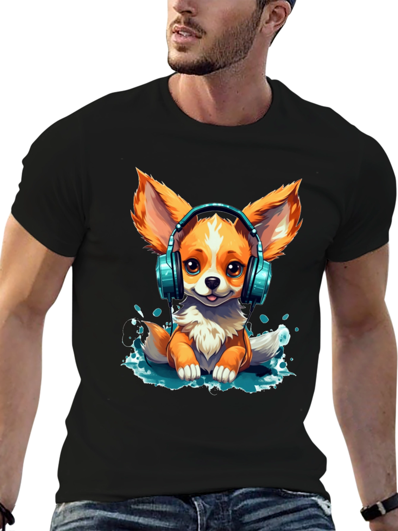 Cute Dog with Headphones Graphic T-Shirt
