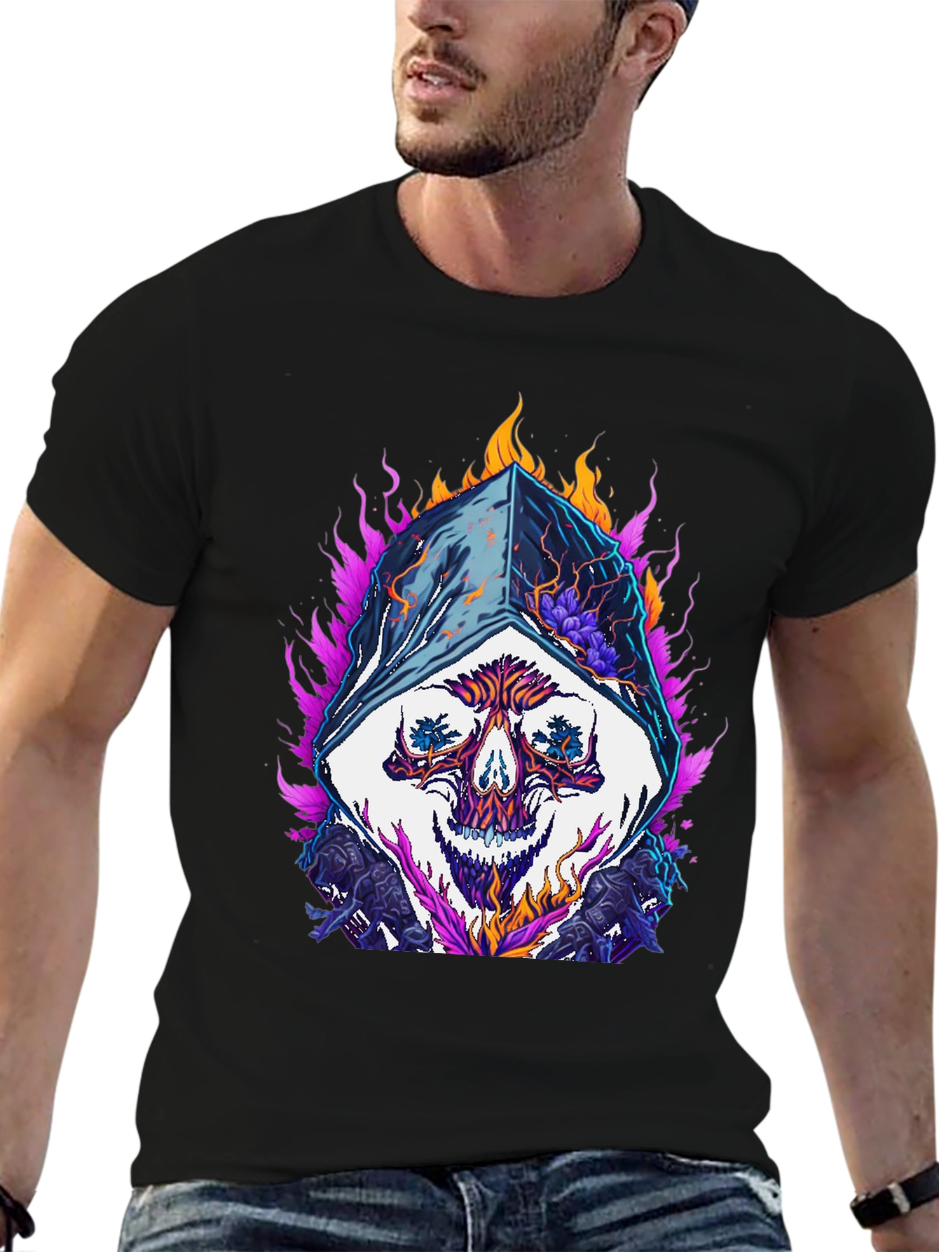 Fiery Skull Graphic Tee - Black