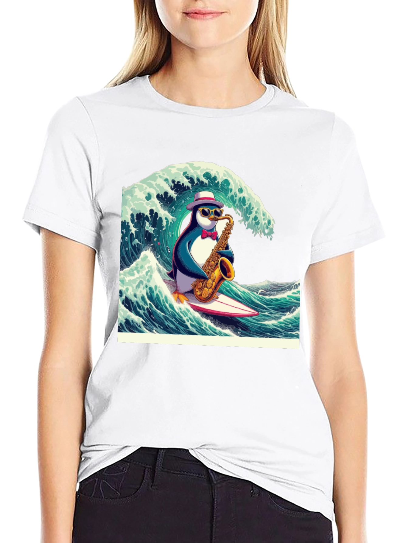 Penguin Saxophone Surfer Graphic Tee