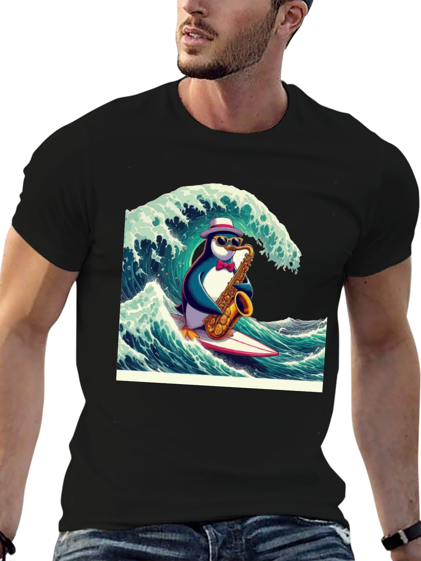 Penguin Saxophone Surfer Graphic Tee