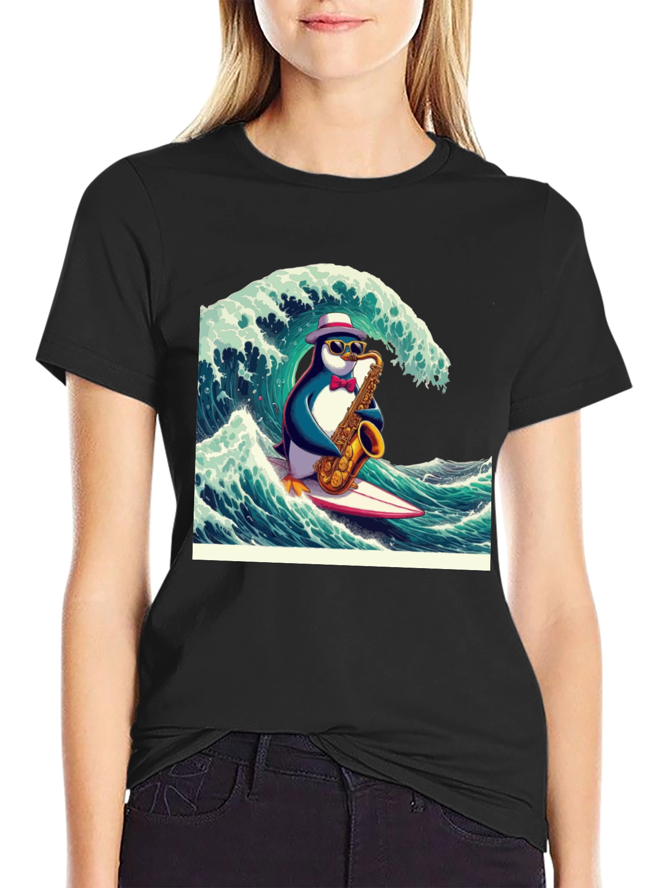 Penguin Saxophone Surfer Graphic Tee