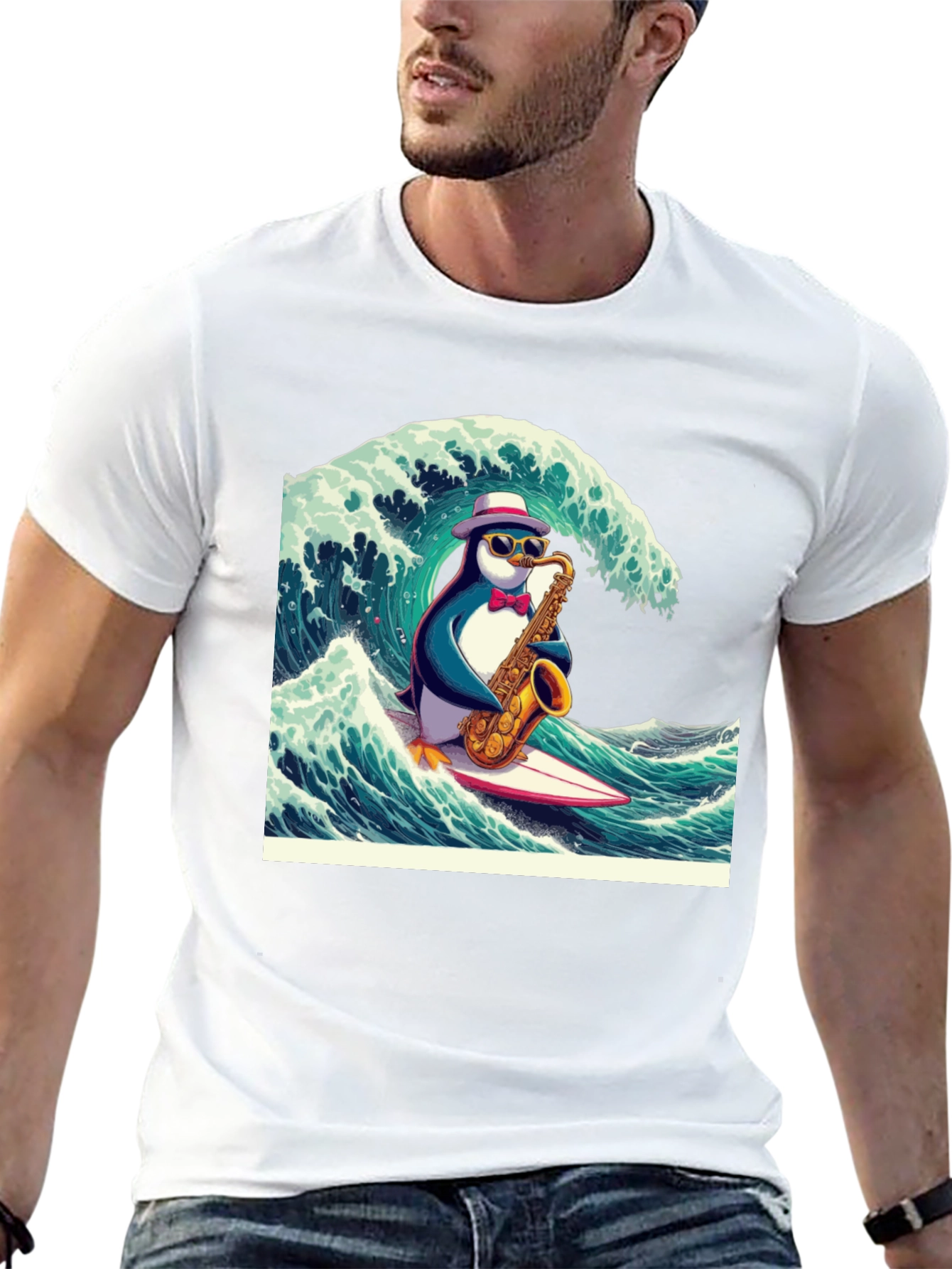 Penguin Saxophone Surfer Graphic Tee