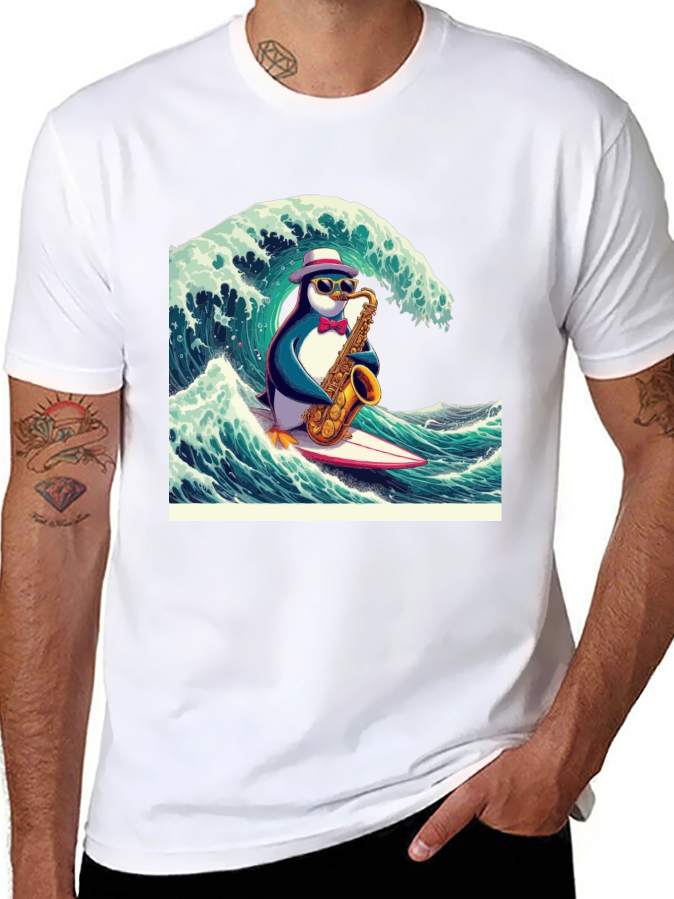 Penguin Saxophone Surfer Graphic Tee
