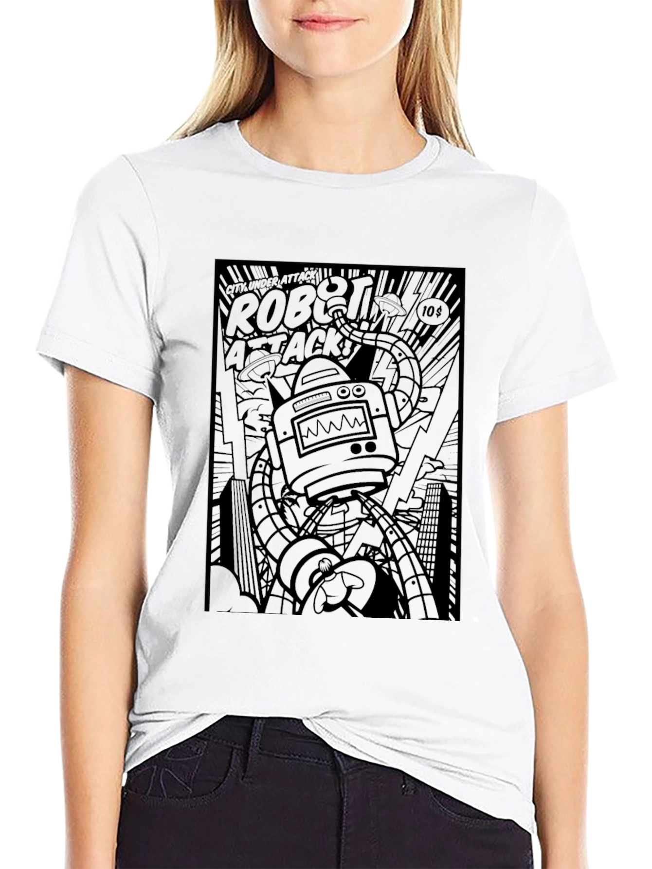 Robot Attack Graphic Tee - Black Comic Book Style