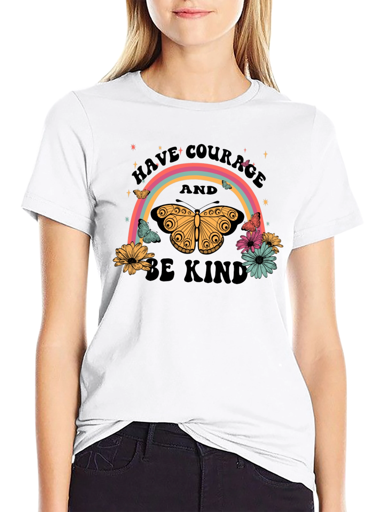 Have Courage Be Kind Rainbow Butterfly Black T-Shirt