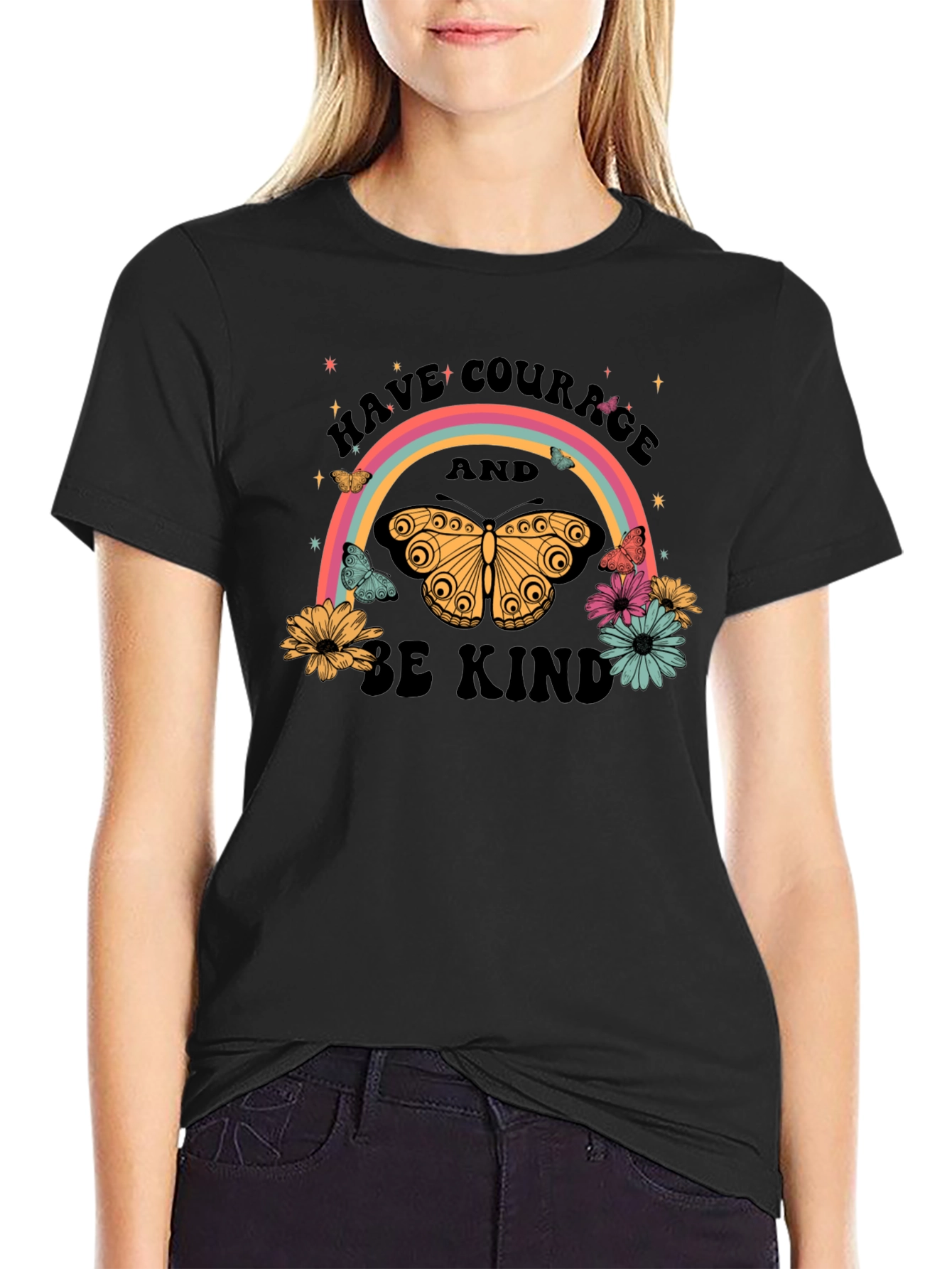 Have Courage Be Kind Rainbow Butterfly Black T-Shirt
