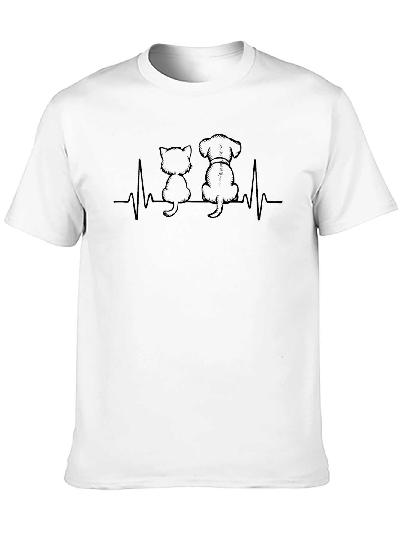 Cat & Dog Heartbeat Graphic Tee - Black Cotton