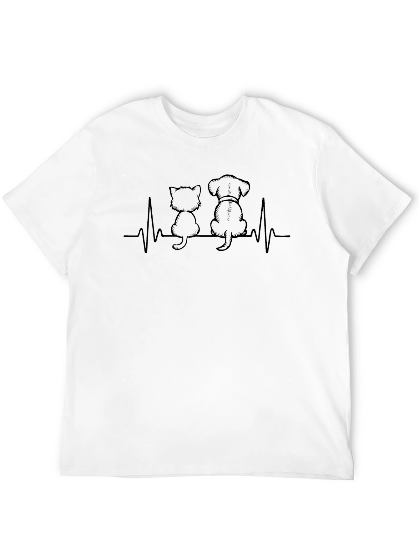 Cat & Dog Heartbeat Graphic Tee - Black Cotton