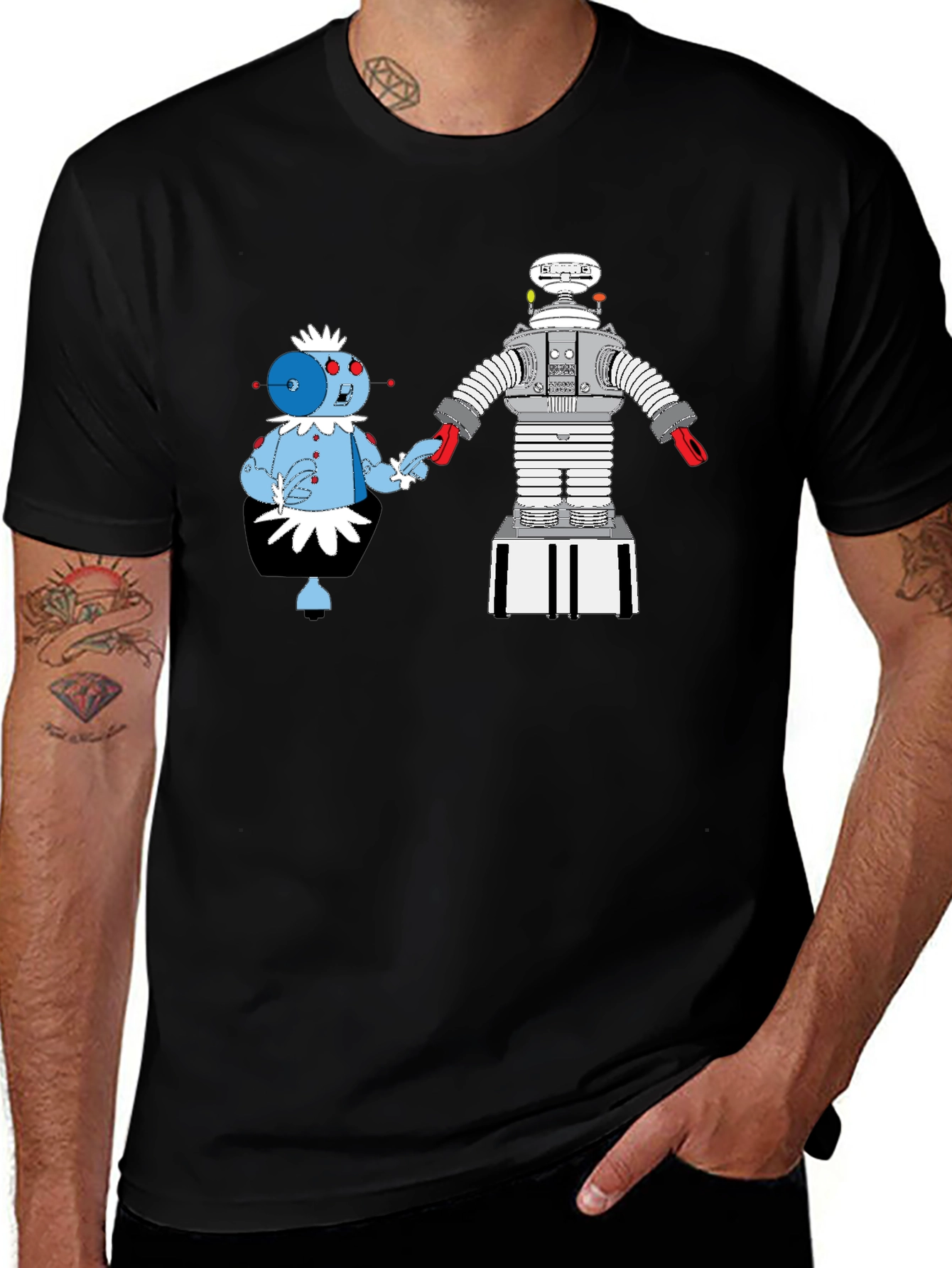 Robot Romance Graphic Tee - Black Cotton T-Shirt