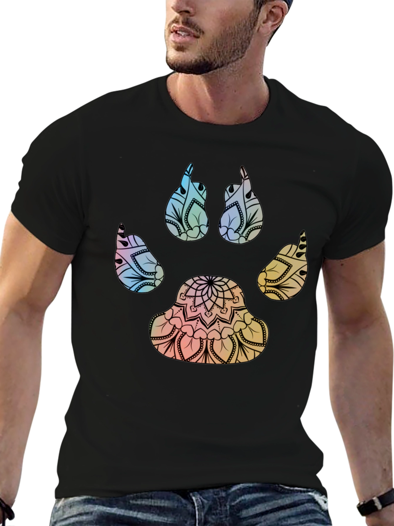 Mandala Paw Print T-Shirt - Black