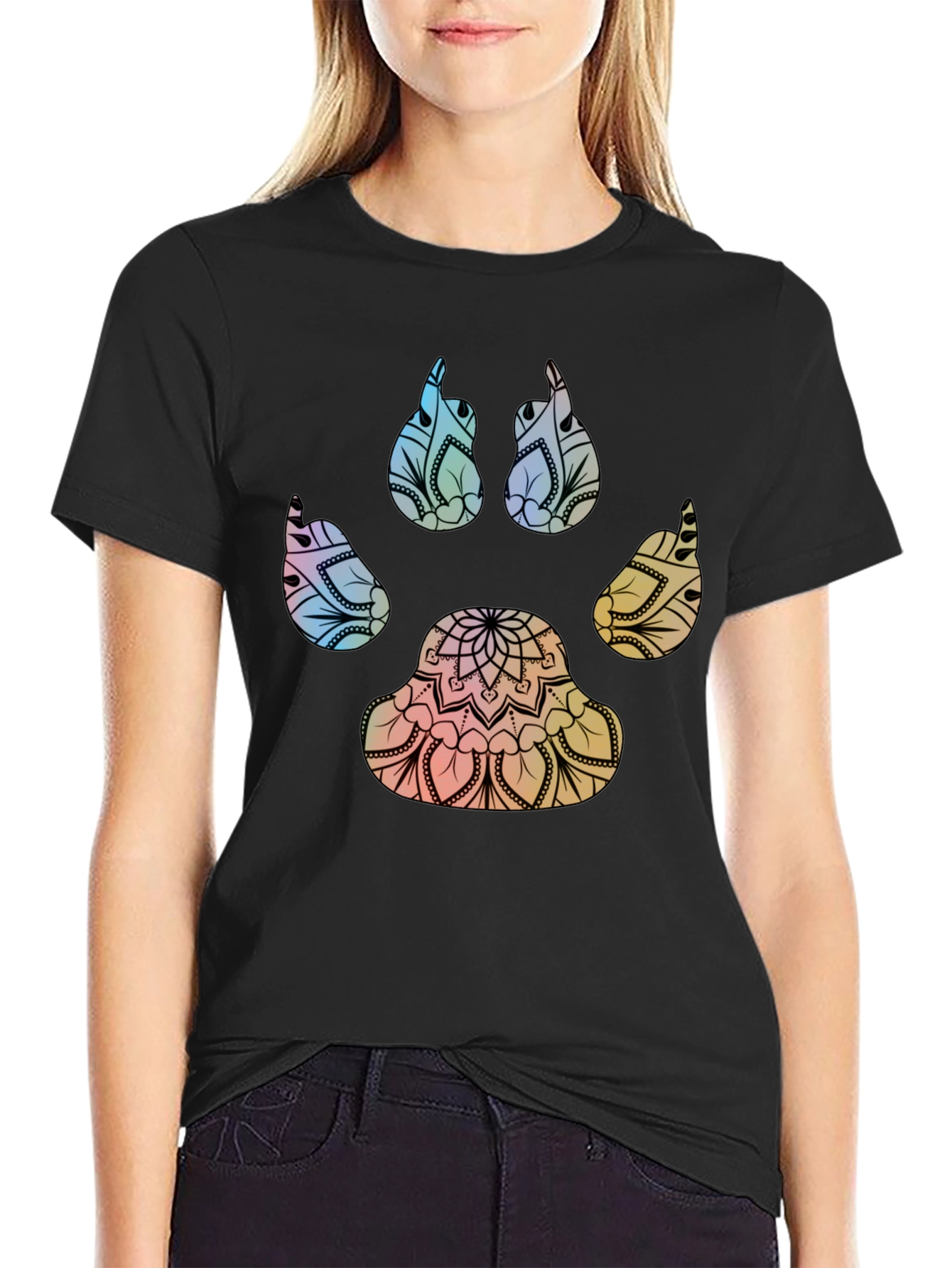 Mandala Paw Print T-Shirt - Black