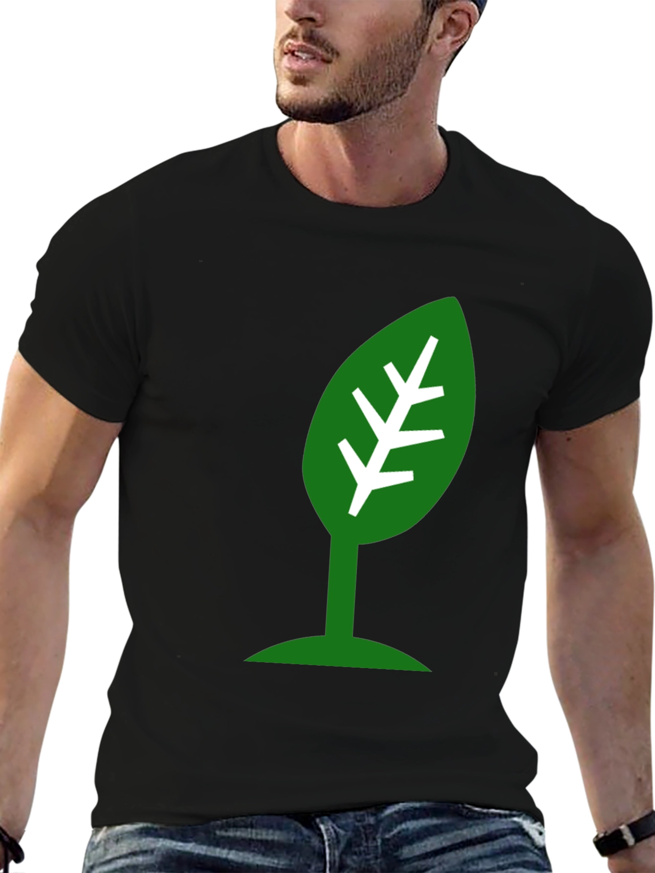 Eco-Friendly Leaf Design Black T-Shirt